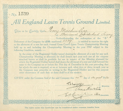 A Historic Paper Wimbledon Debenture Issued By All England Lawn Tennis Ground PLC For The Debenture Series Ending 1947