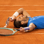 Lorenzo Musetti (Italy) celebrates after winning the bronze medal match against Felix Auger-Aliassime (Canada), at the 2024 Olympic Games in Paris – August 3, 2024