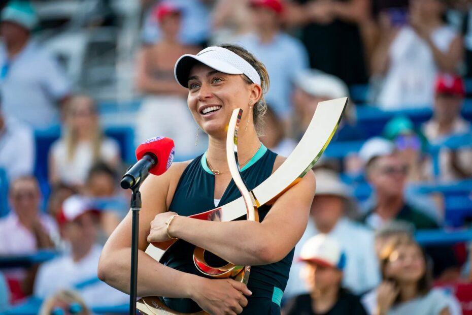 Paula Badosa with the winner's trophy after defeating Marie Bouzkova in the final of the 2024 Washington Open - August 5, 2024. Photograph by Scott Taetsch.